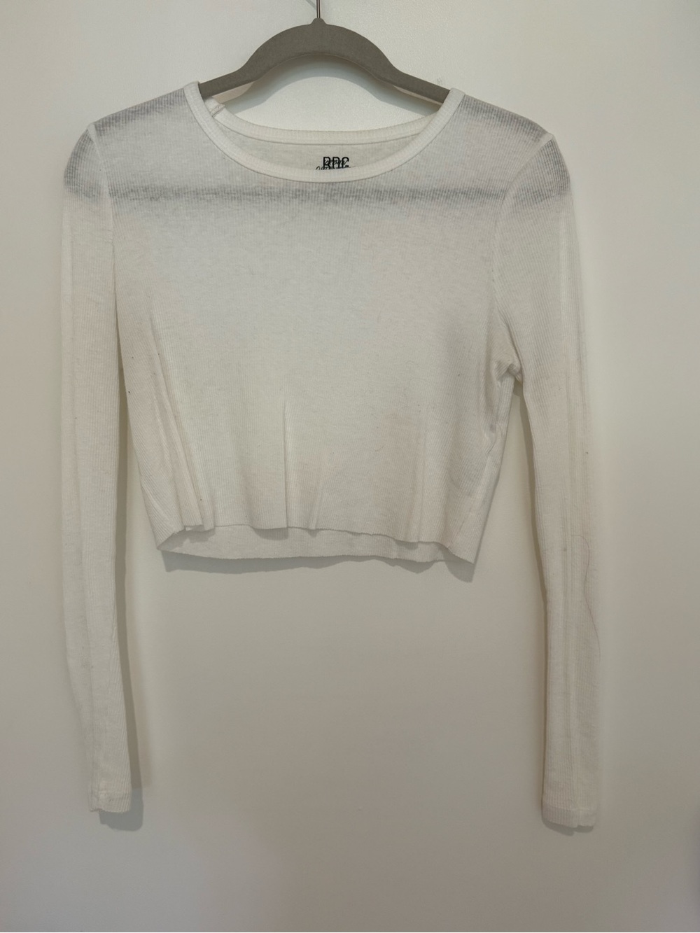Sheer White Long-Sleeve Cropped Rib Knit Top